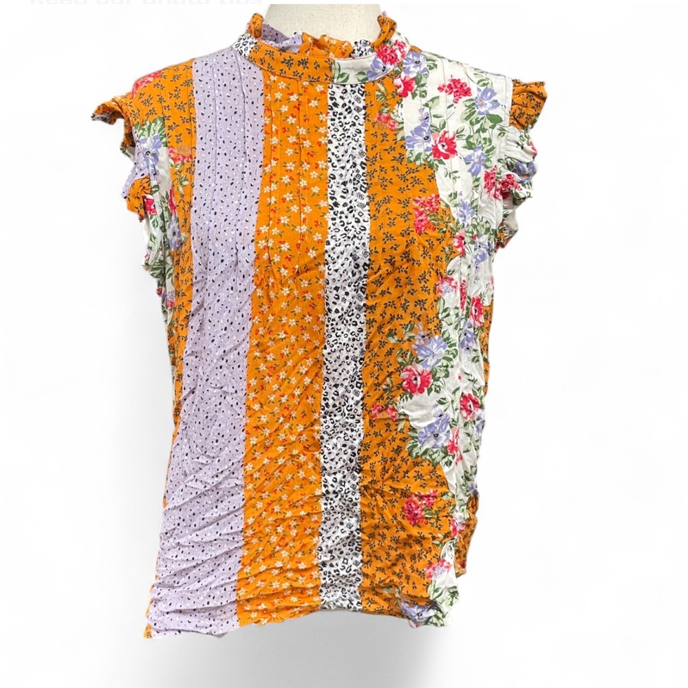 Everleigh Boho Floral Print Mix Patchwork Pleated Swing Tank large Cottagecore